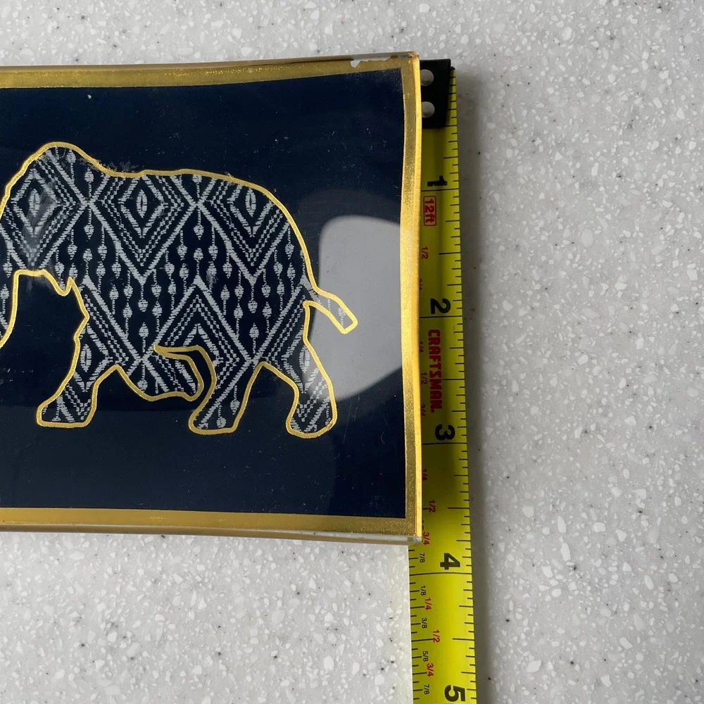 Elephant Heart Navy Blue Glass Trinket Dish Gold Trim Rectangular Tray Boho Love